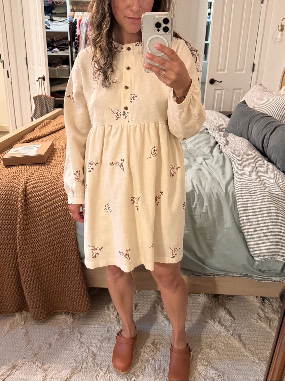 Cream Floral Long-Sleeve Babydoll Dress from Olive the brand